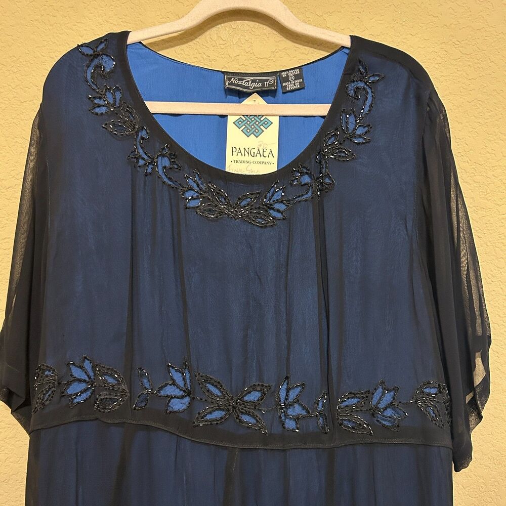 VTG Y2K Nostalgia Beaded Chiffon Overlay Maxi Dress 1X Blue Celestial Whimsygoth - Picture 3 of 9